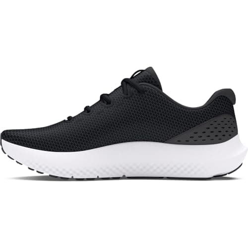 Black mesh running shoes with a sleek design, featuring a white midsole and textured heel for added support and comfort.