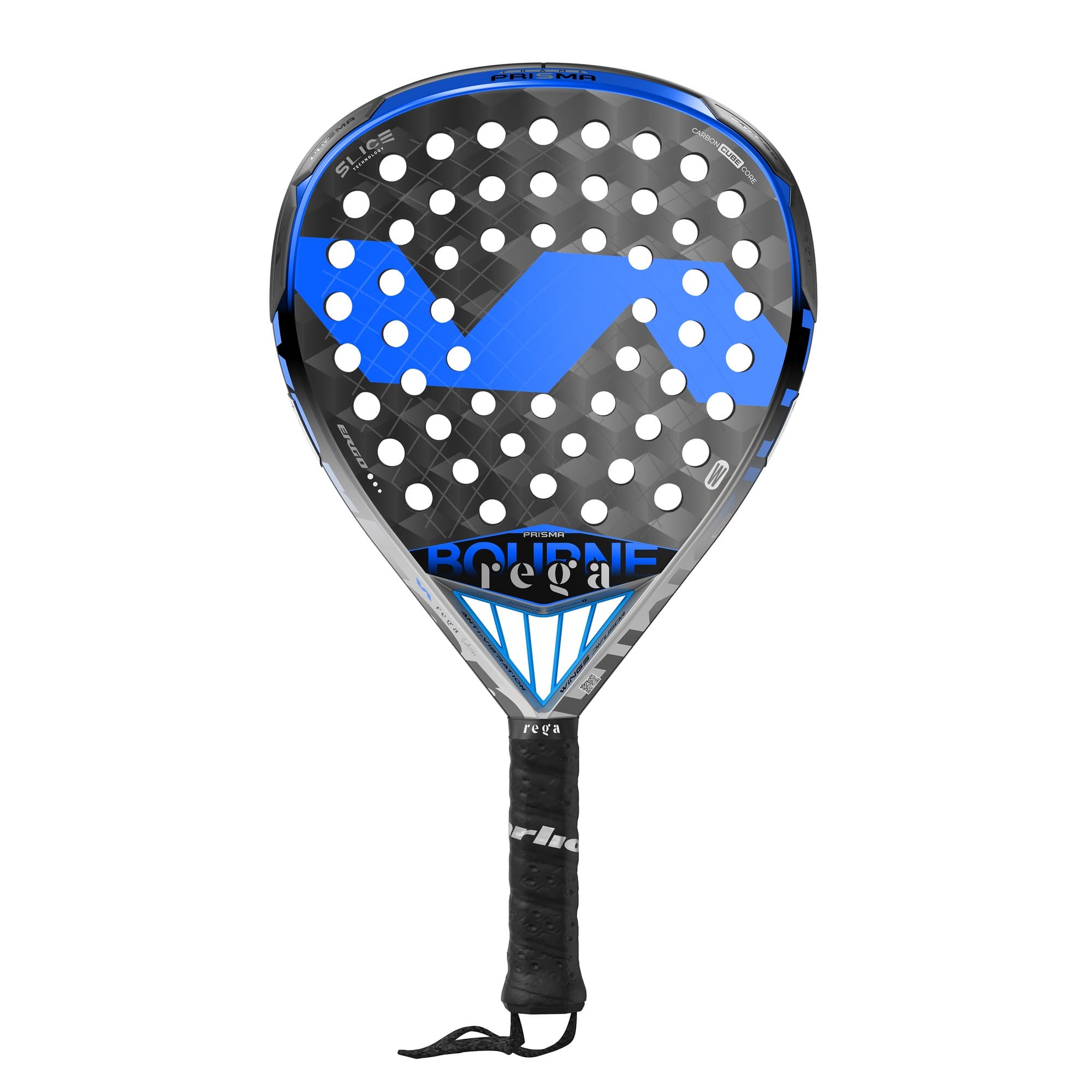 Black and blue Varlion Bourne Cube ElbowCare W padel racket featuring a perforated surface, a distinctive logo, and a textured grip handle.