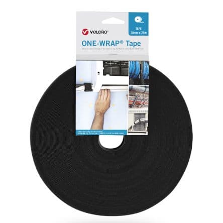 Black Velcro hook and loop tape roll, measuring 16 mm x 25 m, featuring a durable fabric surface and a central hole for easy dispensing, packaged with usage examples.