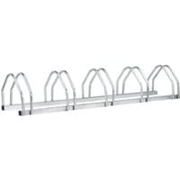 Silver Sealey galvanised steel cycle rack for 5 bikes with arched holders and a sturdy rectangular base.
