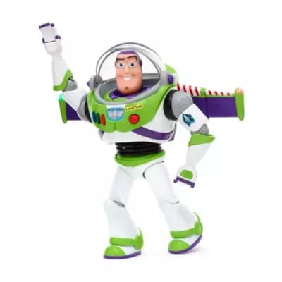 Interactive Buzz Lightyear action figure features a smiling face, purple and green suit, white limbs, and a retractable wing with buttons for sound effects.