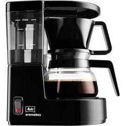 Compact black Melitta Aromaboy filter coffee machine features a glass carafe, a transparent water reservoir with measurement markings, and a simple on/off switch.