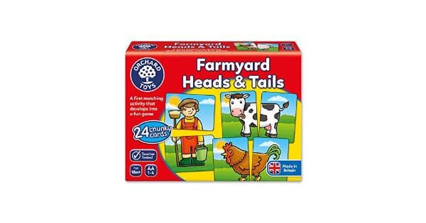Brightly colored box featuring the "Farmyard Heads & Tails" game, showcasing cartoon animals and a child, with 24 chunky cards for matching activities.