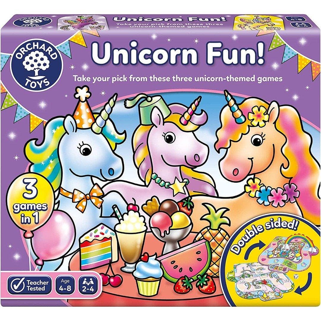 Colorful box featuring three unicorns with party hats, surrounded by playful illustrations of ice cream and fruit, labeled "Unicorn Fun!" and indicating "3 games in 1" for ages 4-8.
