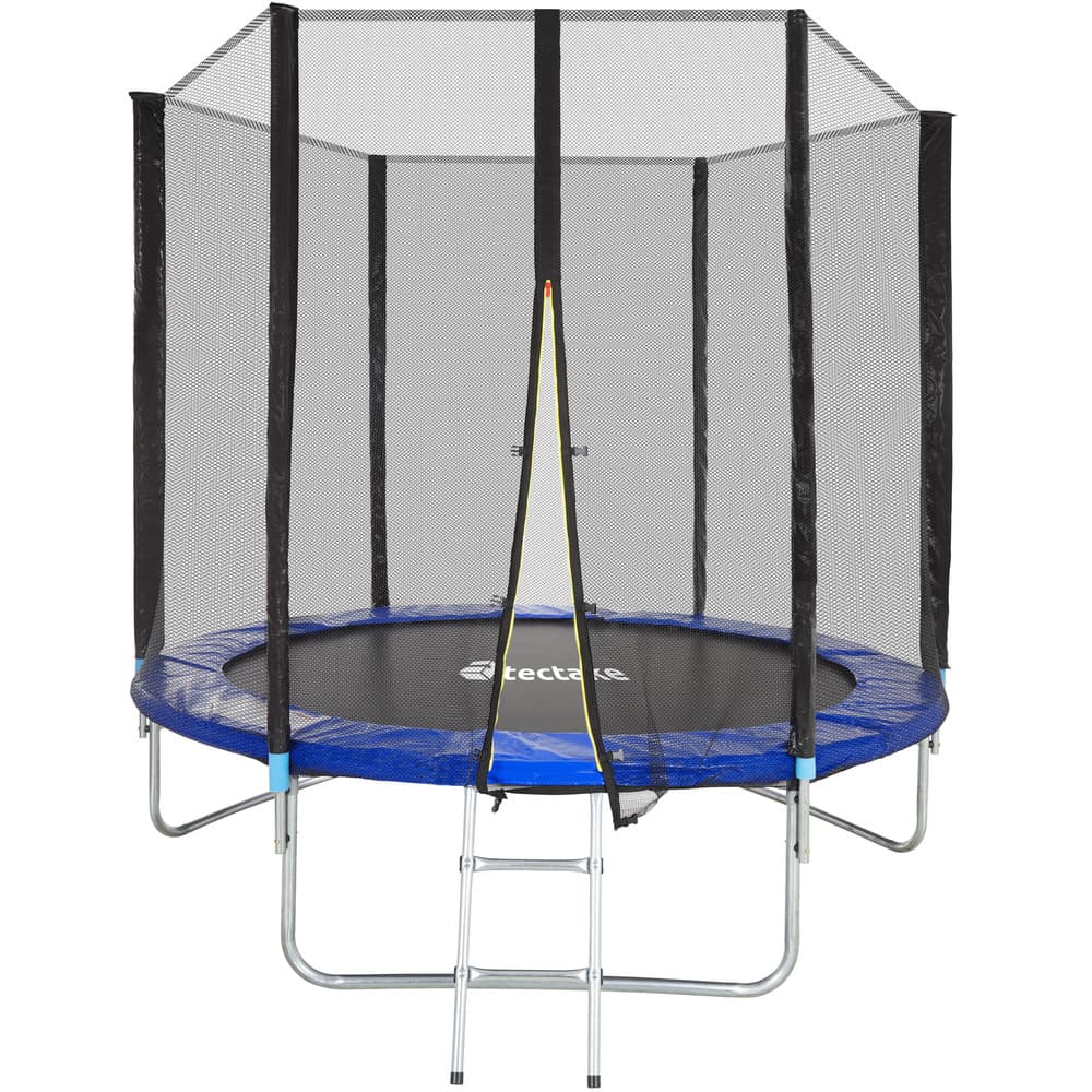 Blue and black fitness trampoline with a protective net, sturdy metal frame, and a ladder, designed for outdoor use and suitable for children.