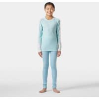 Blue Helly Hansen junior base layer set with long sleeves and leggings, featuring a subtle graphic design.