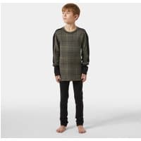 Brown Helly Hansen junior base layer set with plaid pattern top and solid black sleeves and pants, size 14.