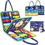 Colorful Montessori busy board with zippers, buckles, and Velcro, featuring animal and space-themed designs, portable handle.