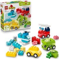 LEGO DUPLO My First Creative Vehicles set with colorful blocks, red truck, blue helicopter, yellow car, and green dump truck.