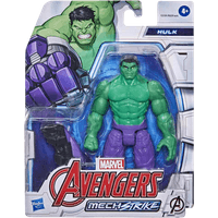 Hulk action figure in purple shorts, green skin, in Avengers Mech Strike packaging with comic-style graphics.