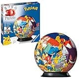 Ravensburger Pokemon 3D puzzle ball with colorful Pokemon characters, 72 interlocking pieces, on a black display stand.