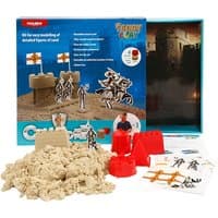 Sandy Clay Magic Sand kit with molds, castle pieces, and knights, featuring a Crusader Castle theme in colorful packaging.