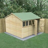 10' x 10' wooden shed with green roof, double doors, and windows, featuring tongue and groove panels, set on grass.