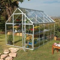 Silver polycarbonate greenhouse with clear panels, pitched roof, and walk-in door, housing plants and flowers inside.