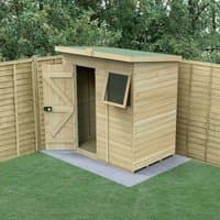 Wooden pent shed with tongue and groove panels, single door, and window, set against a garden fence backdrop.