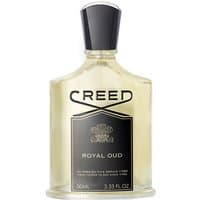 Clear glass bottle of Creed Royal Oud Eau de Parfum, black cap, and label with gold accents, 50 ml unisex woody perfume.