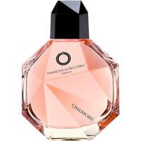 Faceted glass bottle of Francesca dell'Oro Onemore Eau de Parfum, amber liquid, black geometric cap, unisex fragrance.
