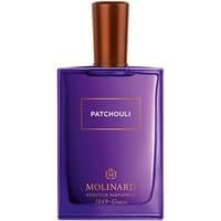 Purple Molinard Patchouli Eau de Parfum bottle, 75 ml, with copper cap and white label, unisex woody fragrance.