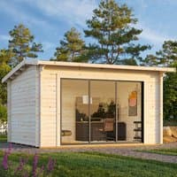 Palmako log cabin garden office with sliding glass doors, white wood finish, and flat roof, surrounded by trees.