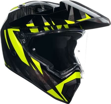 AGV AX9 Carbon Steppa S25 adventure helmet in dark grey with grey and neon-yellow accents, featuring a sleek aerodynamic design and a clear visor. Size L.