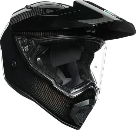 AGV AX-9 Mono Carbon 06 helmet in glossy black carbon fiber, featuring a clear visor, aerodynamic design, and ventilation openings, sized S for men.