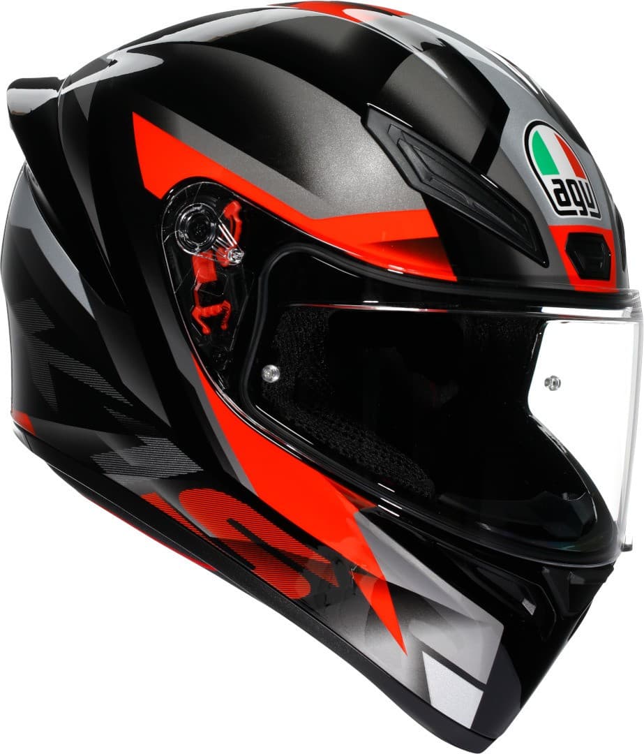 AGV K1 S Fastlap helmet in black, grey, and red, featuring a sleek aerodynamic design, clear visor, and size 2XL, ideal for men.