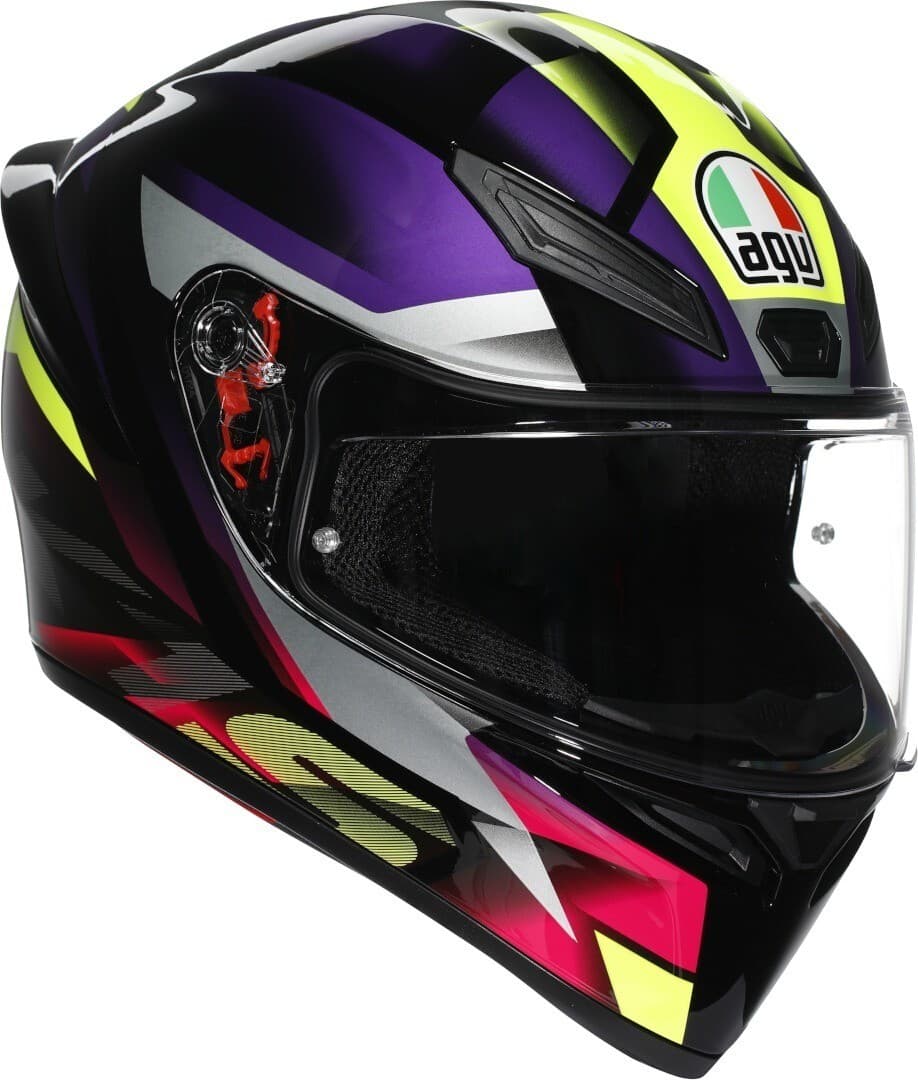 Black and purple AGV K1 S Fastlap helmet with a sleek design, featuring a clear visor, ventilation vents, and bold graphic accents, sized 2XL for men.