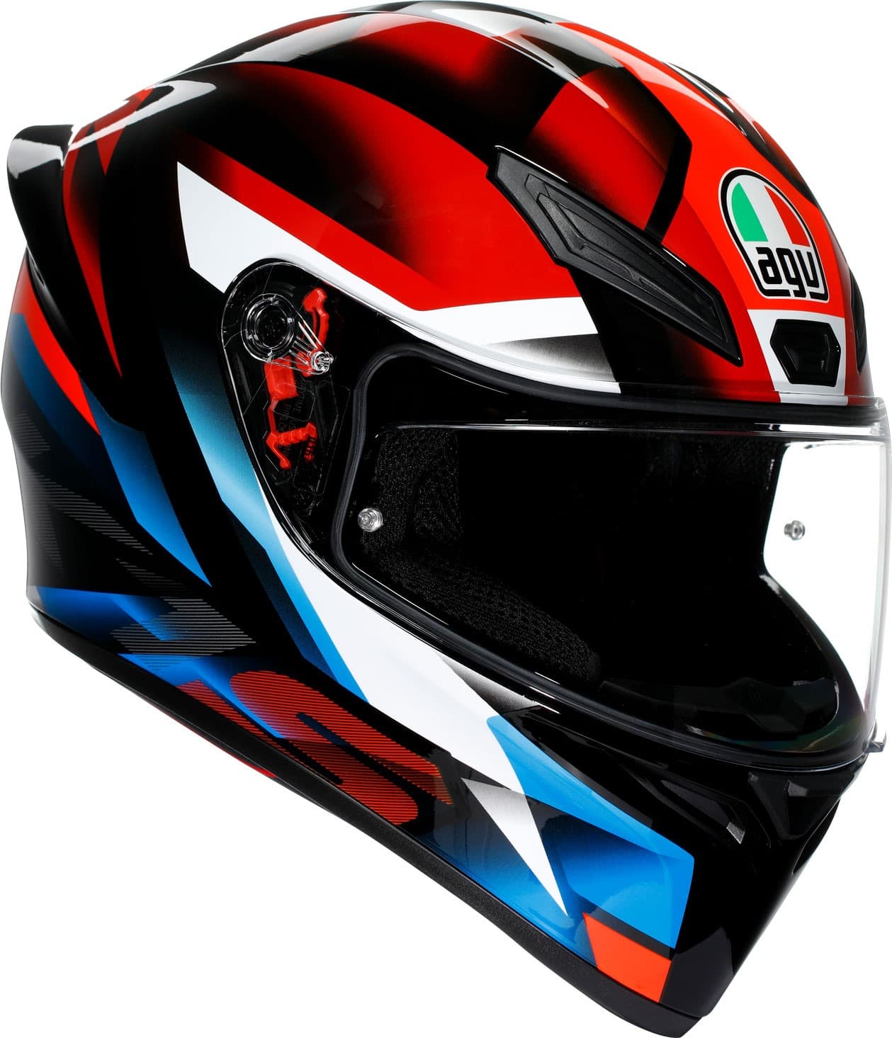 AGV K1 S Fastlap helmet in black, red, and blue with a sleek aerodynamic design, featuring a clear visor and ventilation ports, sized for men at 2XL.