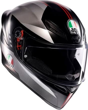 Full face AGV K1 S Lap helmet in matte black, grey, and red, featuring a sleek aerodynamic design, a clear visor, and the AGV logo prominently displayed. Size M.