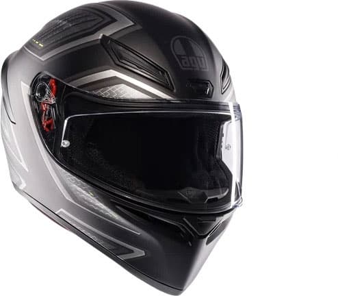 Full face helmet in matte black and grey with aerodynamic design, prominent AGV logo, clear visor, and ventilation features, size M.