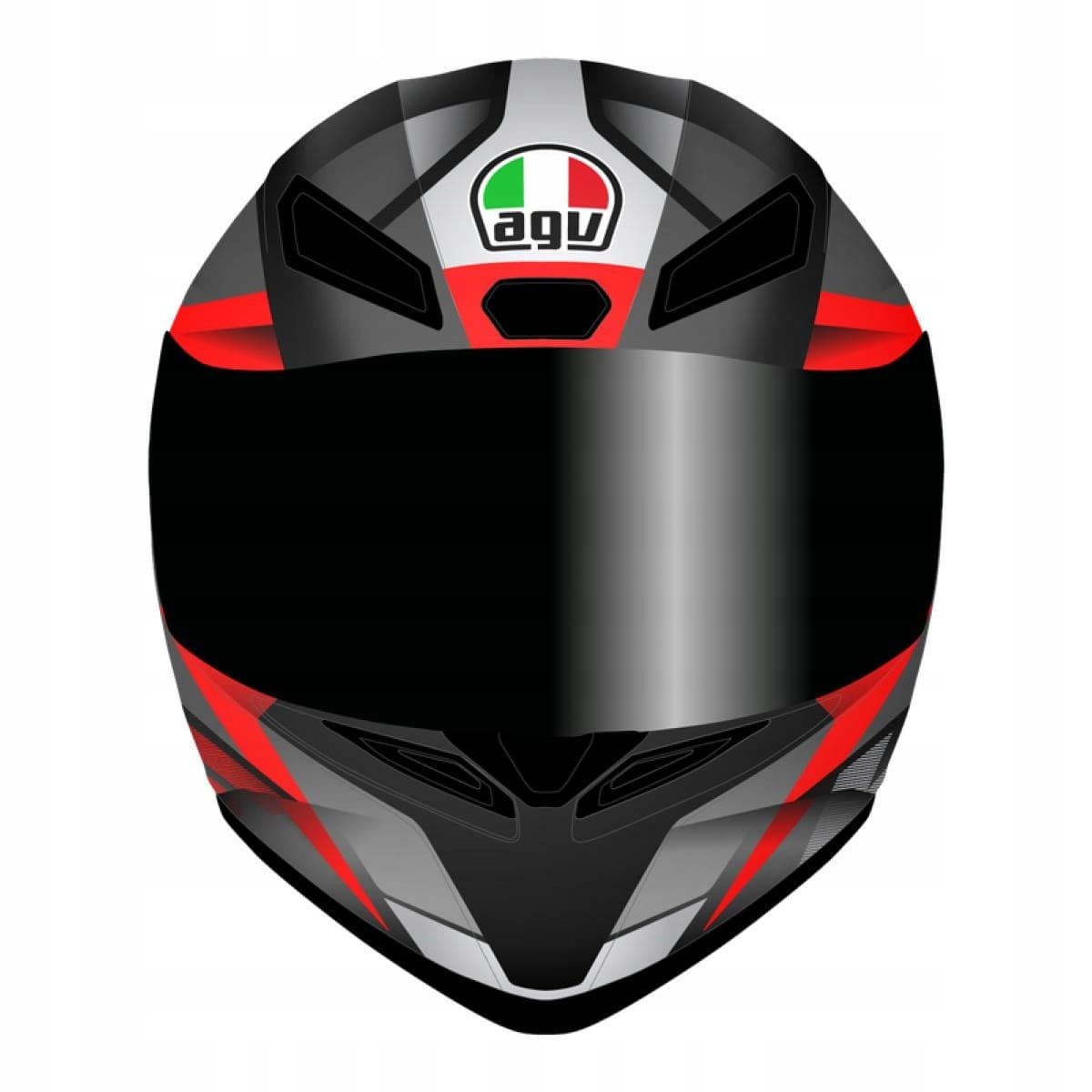 Full face helmet in black, grey, red, and white with a sleek design, featuring ventilation ports and a tinted visor, size XL, branded with the AGV logo.