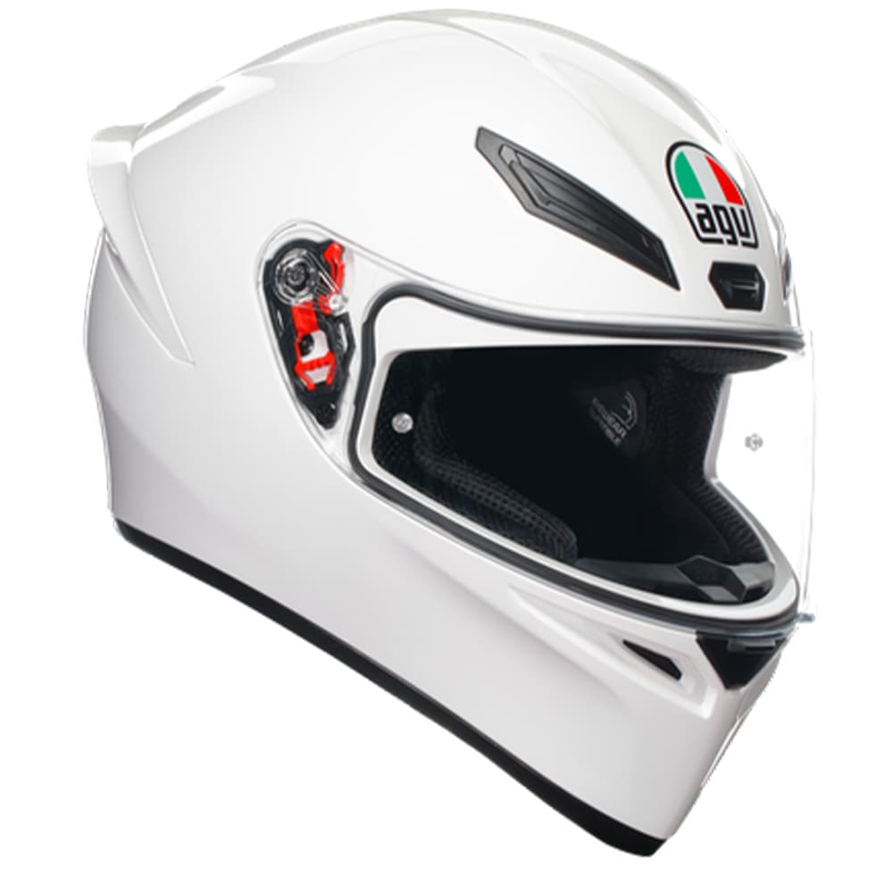 Full face helmet in glossy white with ventilation slots, a sleek aerodynamic design, AGV logo, and a size designation of XL.