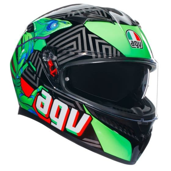 Full face helmet in black, red, and green with a striking lizard graphic, featuring a clear visor and AGV logo, designed for safety and style, meeting ECE 22.06 standards.