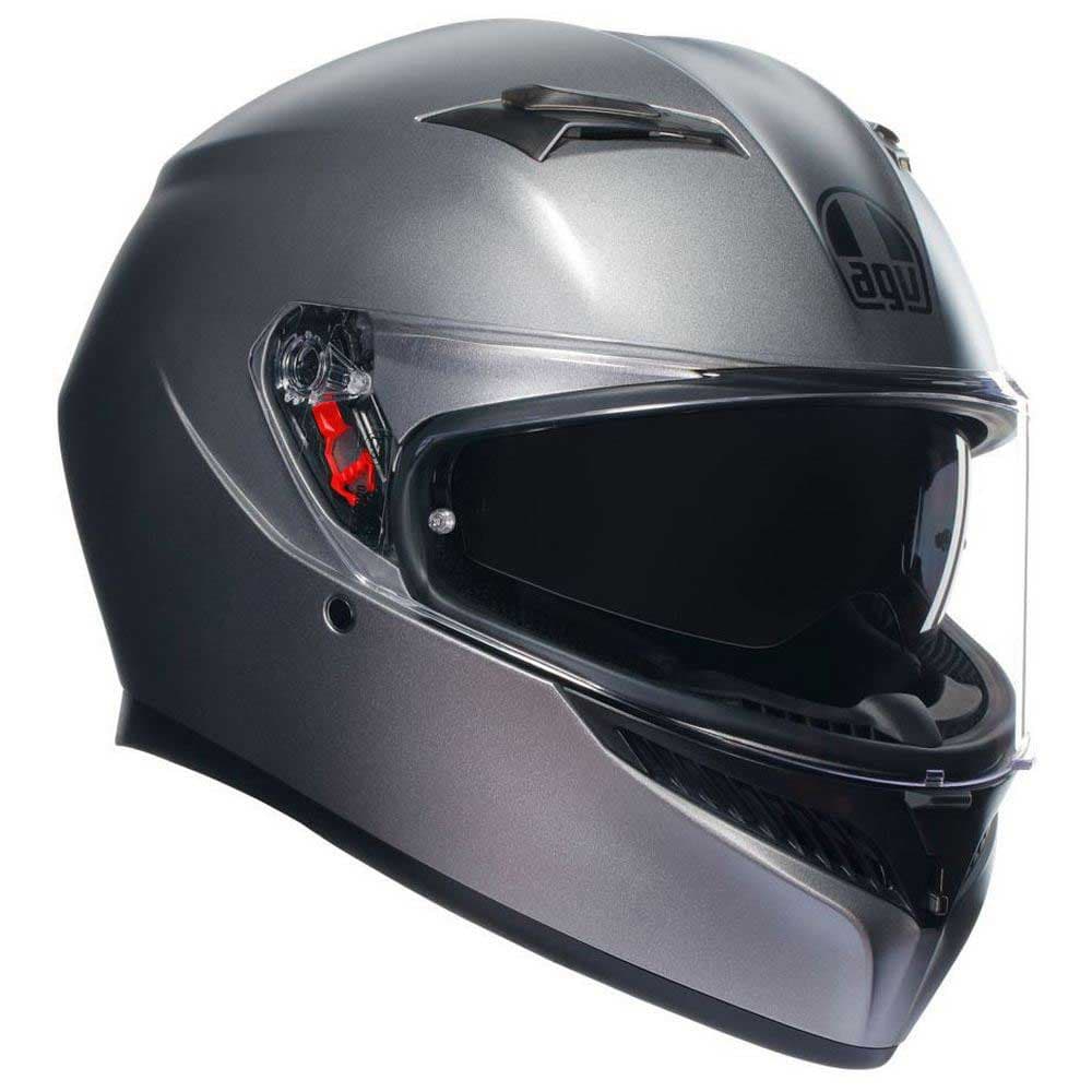AGV K3 Plain motorcycle helmet in Rodio Grey Matt, featuring a sleek aerodynamic design, tinted visor, and ventilation system, size Large (60cm).
