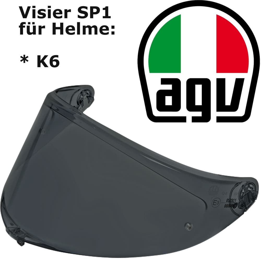 Mirrored dark visor for AGV K6/K6 S helmets, featuring a sleek design with a curved shape and attachment points for secure fitting, alongside the AGV logo in Italian colors.