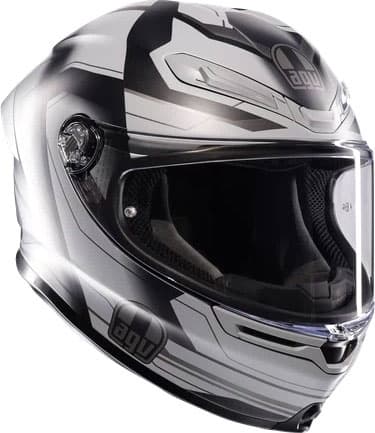 Full face motorcycle helmet AGV K6 S in a sleek black and silver design, featuring a clear visor, ventilation ports, and a lightweight composite shell for enhanced safety.