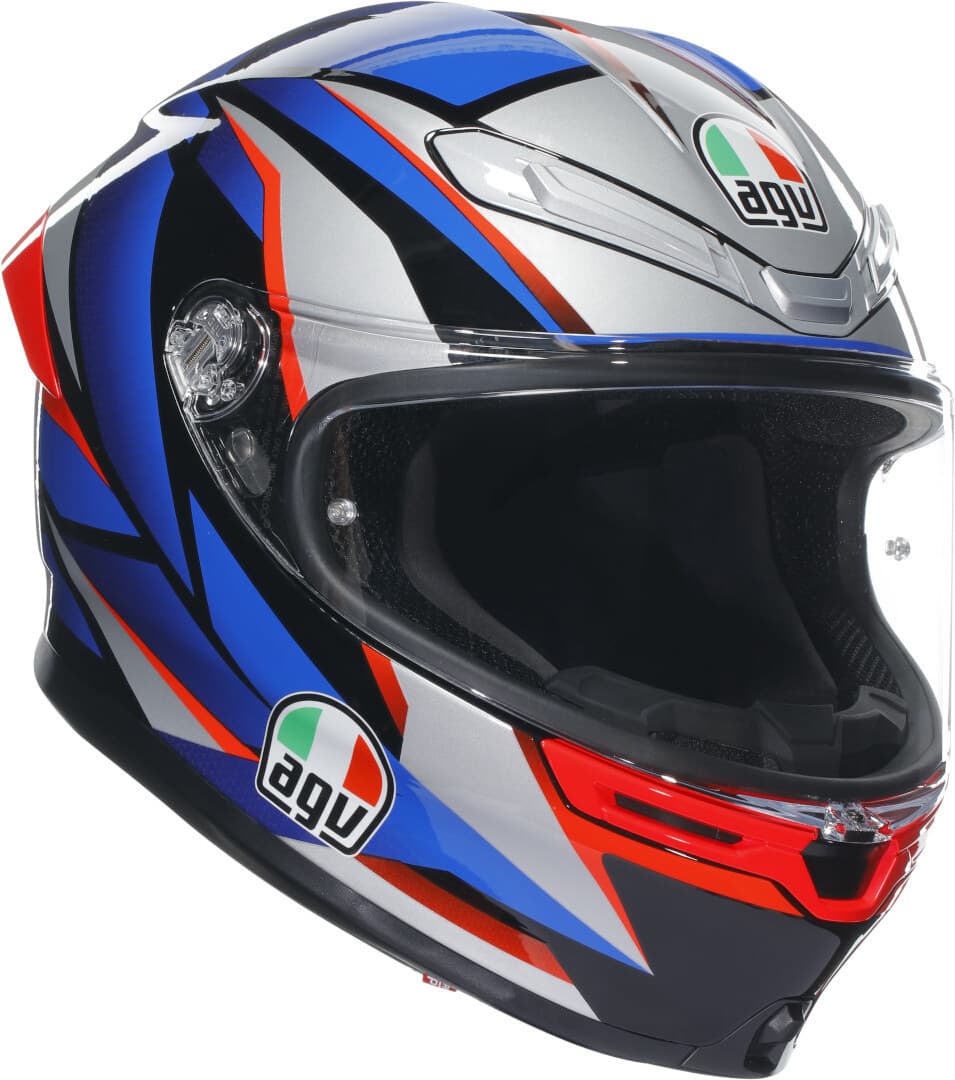 AGV K-6 S Slashcut Helmet in black, red, and blue with a glossy finish, featuring a streamlined design, clear visor, and prominent AGV logo. Size XL for men.