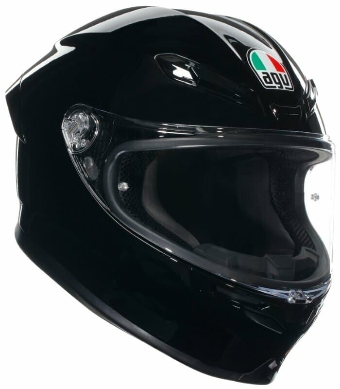 Solid black full face helmet with a glossy finish, featuring a clear visor, ventilation openings, and the AGV logo in green, white, and red on the front.