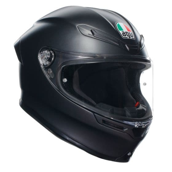 Matte black full face motorcycle helmet featuring a clear visor, AGV logo on the front, and aerodynamic design for enhanced performance and safety.