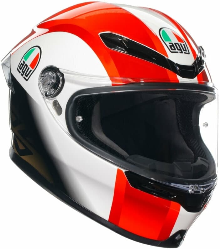 AGV K6-S SIC58 full face helmet replica featuring a glossy red, white, and silver design, with a clear visor and prominent AGV logos on the sides.