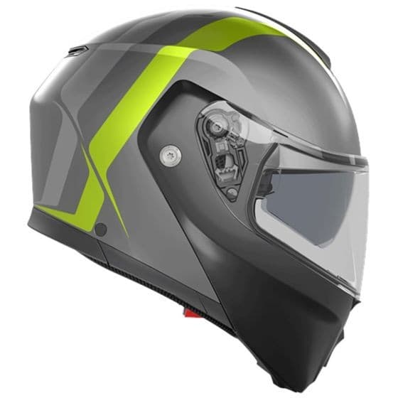 Grey-yellow AGV Streetmodular Resia Helmet in size M features a sleek design, a transparent visor, and a matte finish, ideal for men seeking style and safety.