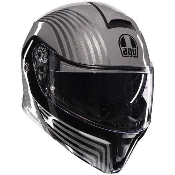 Black-grey AGV Streetmodular Iseo Helmet features a sleek design with silver stripes, a clear visor, and a lightweight material, sized XS for men.