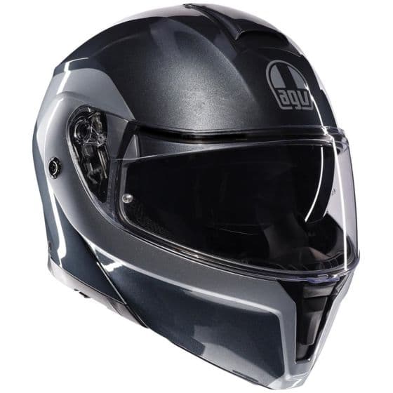 AGV Streetmodular Levico flip-up helmet in dark grey and silver, featuring a sleek design, clear visor, and size L, ideal for street riding.