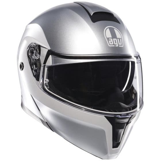 Grey AGV Streetmodular Levico Helmet in size M for men, featuring a sleek aerodynamic design, tinted visor, and a glossy finish with the AGV logo prominently displayed.