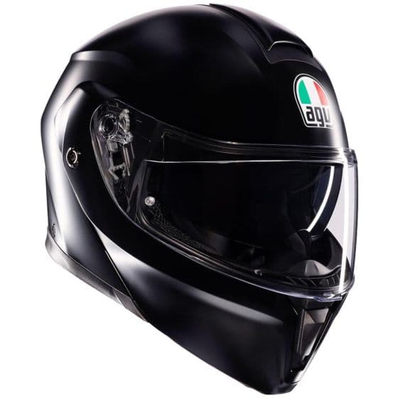 AGV Streetmodular Mono S25 flip-up helmet in matte black, featuring a clear visor, sleek aerodynamic design, and Italian flag logo, size medium.
