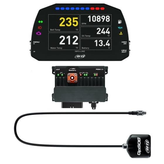 Advanced power distribution module and data logger kit featuring a 5-inch color display with street icons, a black housing, and a 4m long GPS cable for enhanced performance monitoring.