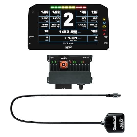 Advanced Power Distribution Module and Data Logger Kit featuring a 6-inch color display with street icons, a black control unit, and a 4m long GPS cable.