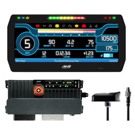 Advanced power distribution module and data logger kit featuring a 10-inch color display, street icons, roof mount GPS, and a 2m long GPS cable, designed for motorsport applications.