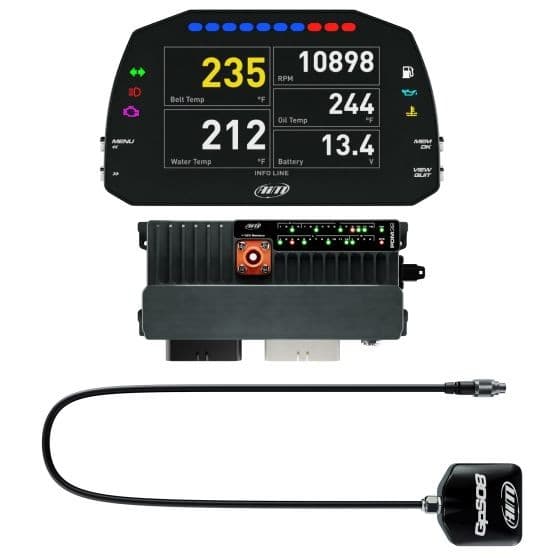 Advanced power distribution module and data logger kit featuring a 5-inch display with street icons, a black casing, and a 4m long GPS cable for enhanced performance monitoring.