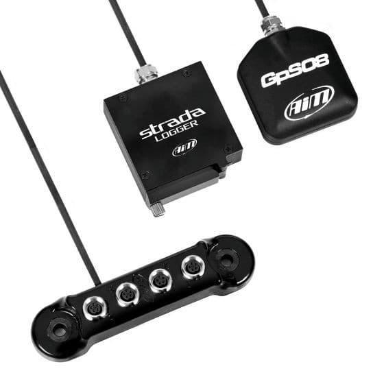 AIM Motorsport Strada Track Logger Kit featuring a black data logger, GPS unit, and a data hub with four ports, all connected by 1.3m cables.